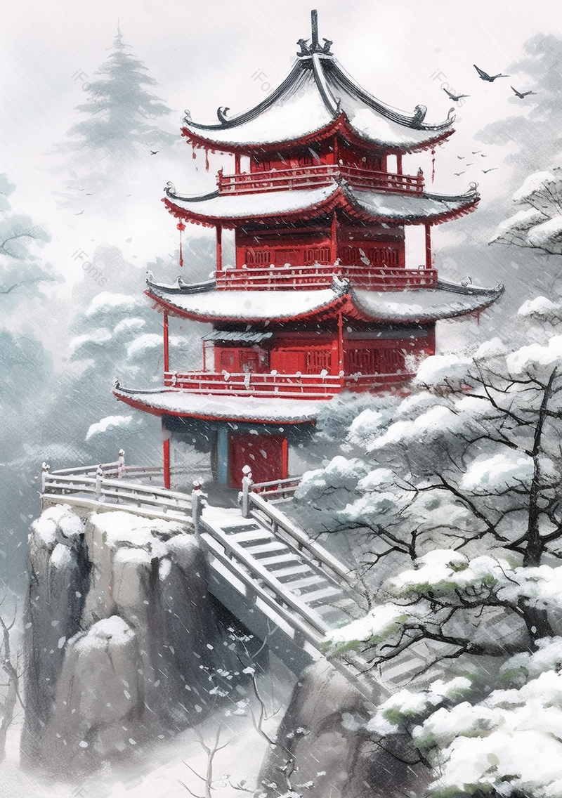 山间静谧大寒寒冷下雪天城楼古代建筑飞鸟红色古典传统风景水墨插画,插画/手绘图,插画/手绘图库,插画/手绘图下载,插画/手绘
